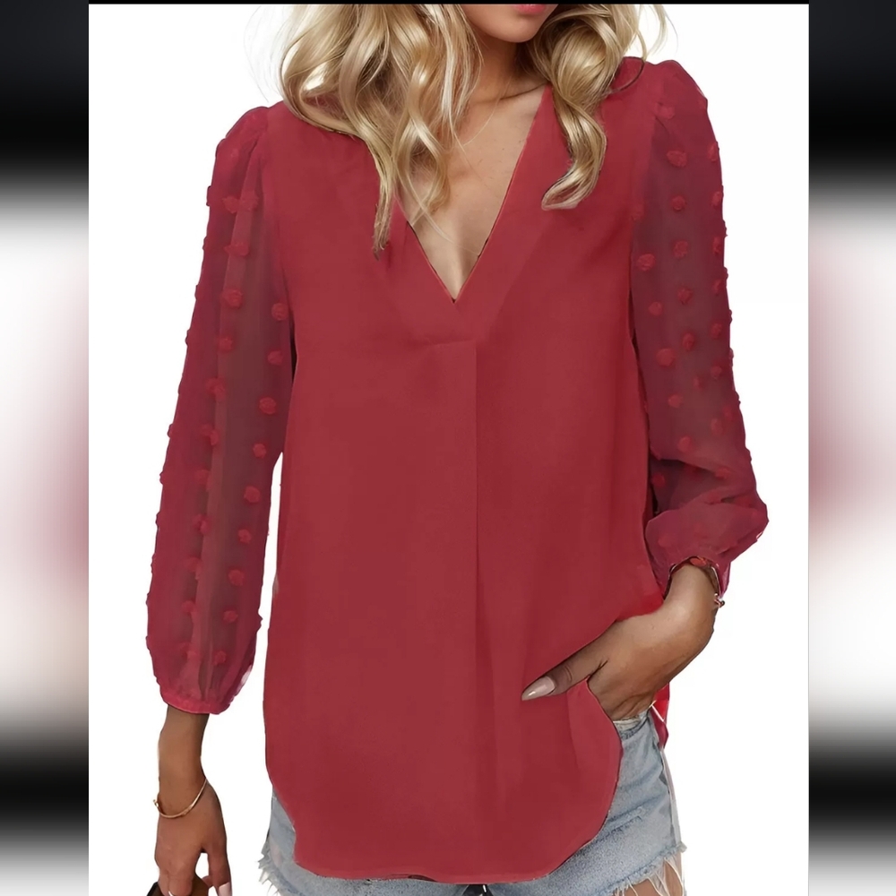 ❤️Elegant Red Blouse with Sheer Swiss Dot Sleeves 🌺Offers Welcome🌺 - Picture 4 of 9